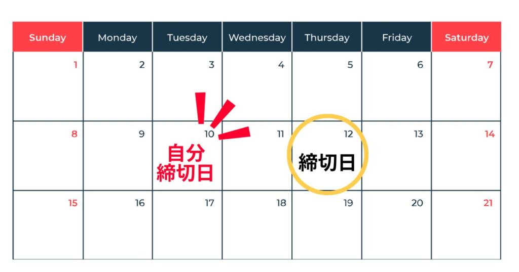 教育実習指導案の締切日2日前に「自分締切日」を設定する